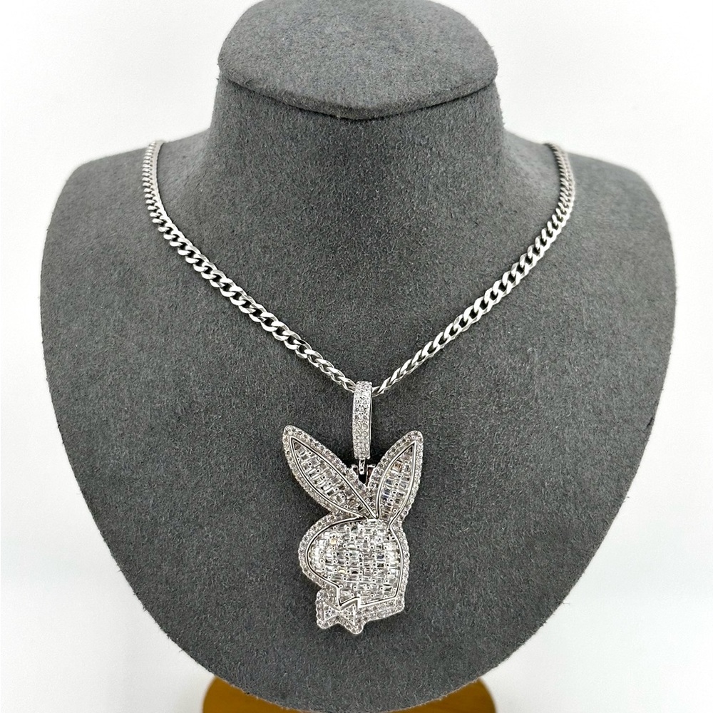 925 Sterling Silver Playboy Bunny Baguette Necklace